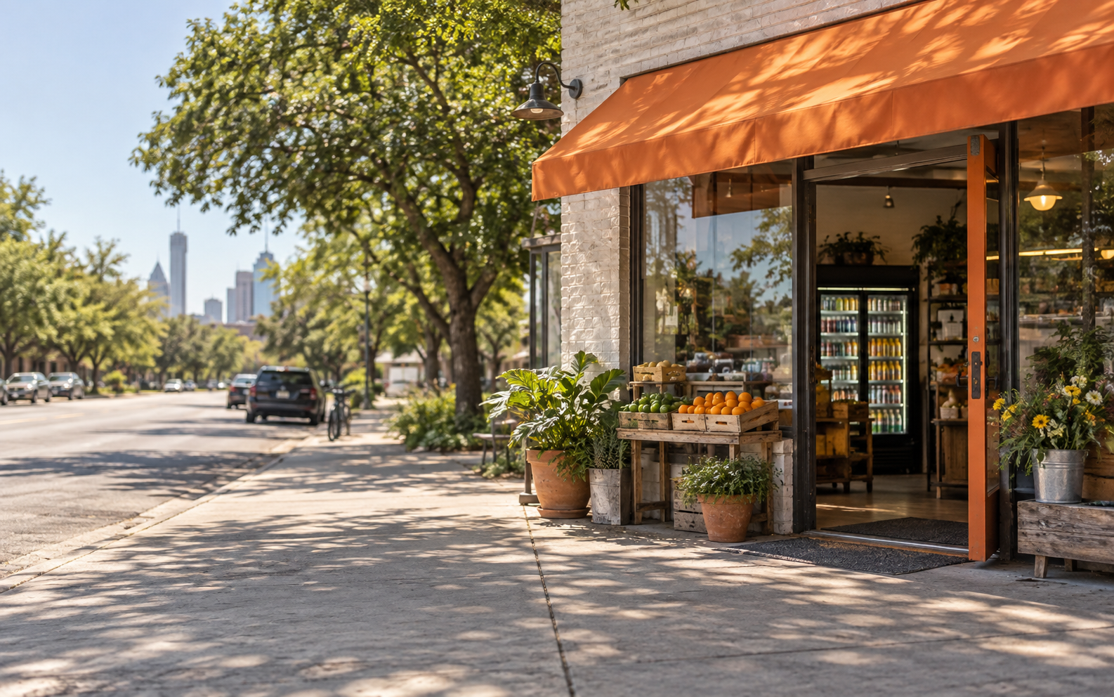 Illustrative neighborhood market on a sunny street