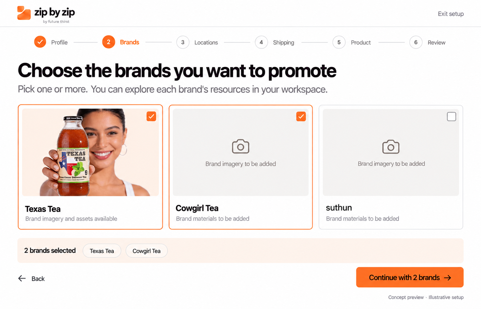Zip by Zip onboarding screen showing multiple selectable beverage brands
